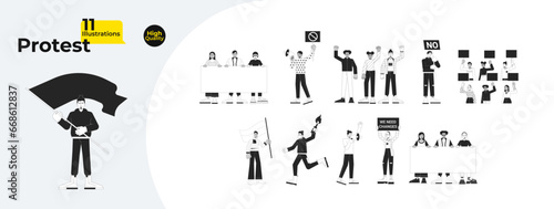 Protest demonstration black and white cartoon flat illustration bundle. Multicultural people hold placards 2D lineart characters isolated. Social justice monochrome vector outline image collection