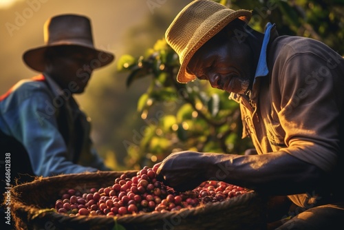 Man workers collecting holding coffee beans harvesting fresh
