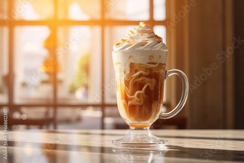 A latte with whipped cream in a beautiful light fresh drink