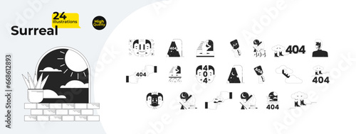 Surreal absurd black and white 2D illustration concepts bundle. Magical fantasy cartoon outline 404 errors isolated on white. Night crescent. Cosmos astronomy metaphor monochrome vector art collection