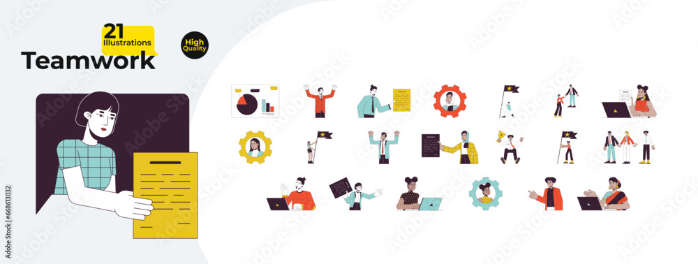 Diverse corporate colleagues line cartoon flat illustration bundle. Collaboration co-workers 2D lineart characters isolated on white background. Goals achieving vector color image collection Diverse corporate colleagues line cartoon flat illustration bundle. Collaboration co-workers 2D lineart characters isolated on white background. Goals achieving vector color image collection