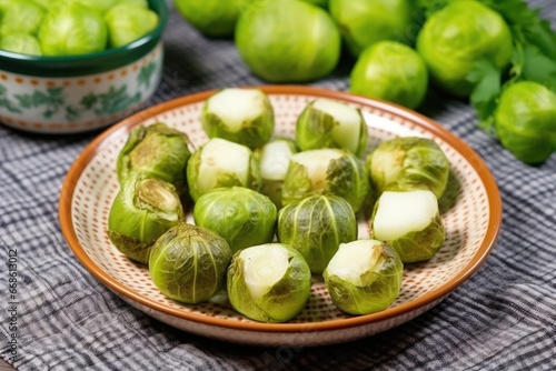 half-cut brussels sprouts with grill marks on a ceramic plate