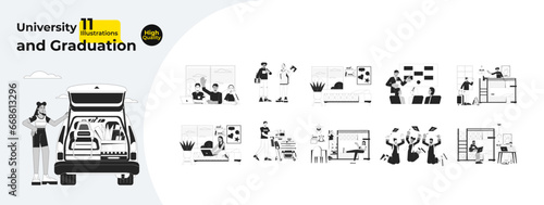 University student college life black and white cartoon flat illustration bundle. Young adults 2D lineart characters isolated. Graduation, dorm room monochrome scenes vector outline image collection