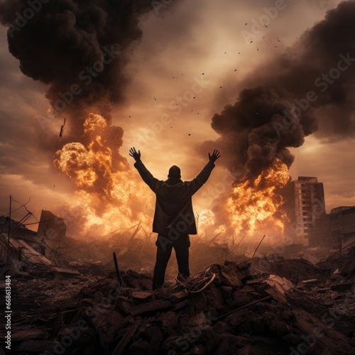A dramatic scene captures a man with arms raised against the backdrop of a fiery explosion, surrounded by the devastation of crumbling buildings and flying debris.