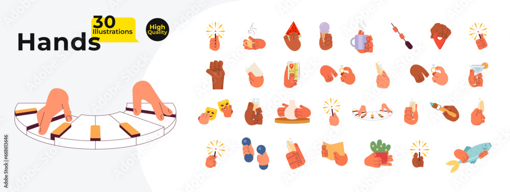 Everyday moments cartoon character hands illustration bundle. Eating and drinking 2D vector images isolated on white background. Hobbies, exercises, practice editable flat clipart color collection