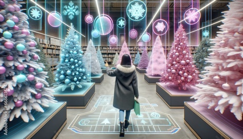 A futuristic woman peruses the indoor christmas tree selection at a trendy store, adorned in fashion-forward clothing and captivated by the holiday spirit