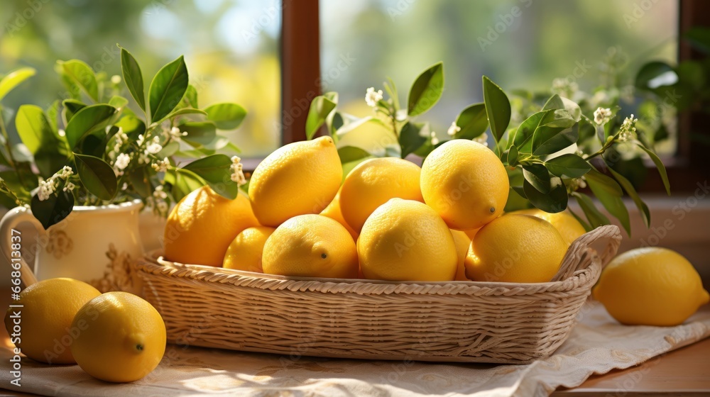 Lemons near the window in the basket. Generative AI.