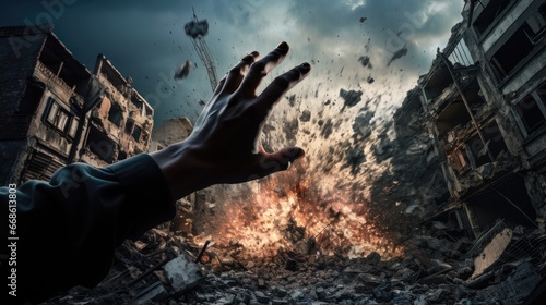 A gripping moment captured as a hand reaches out amidst the chaos of a building explosion, showcasing the raw emotion and power of unforeseen events.