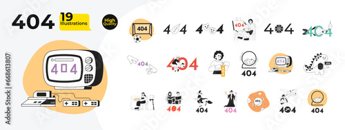 Hobby leisure black and white 404 error isolated illustration bundle. Crafting, travel not found outline cartoon cliparts isolated. Halloween, cute animals linear empty state collection ui design