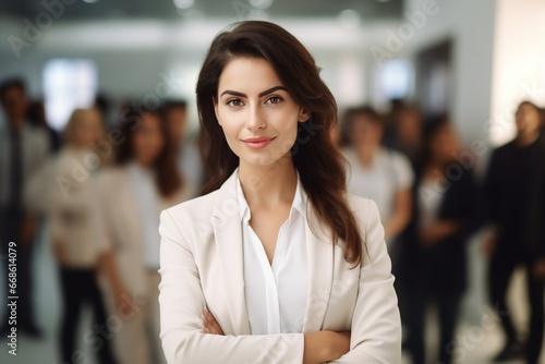 Confident Professional: Businesswoman in Cream, Leading in the Office Environment