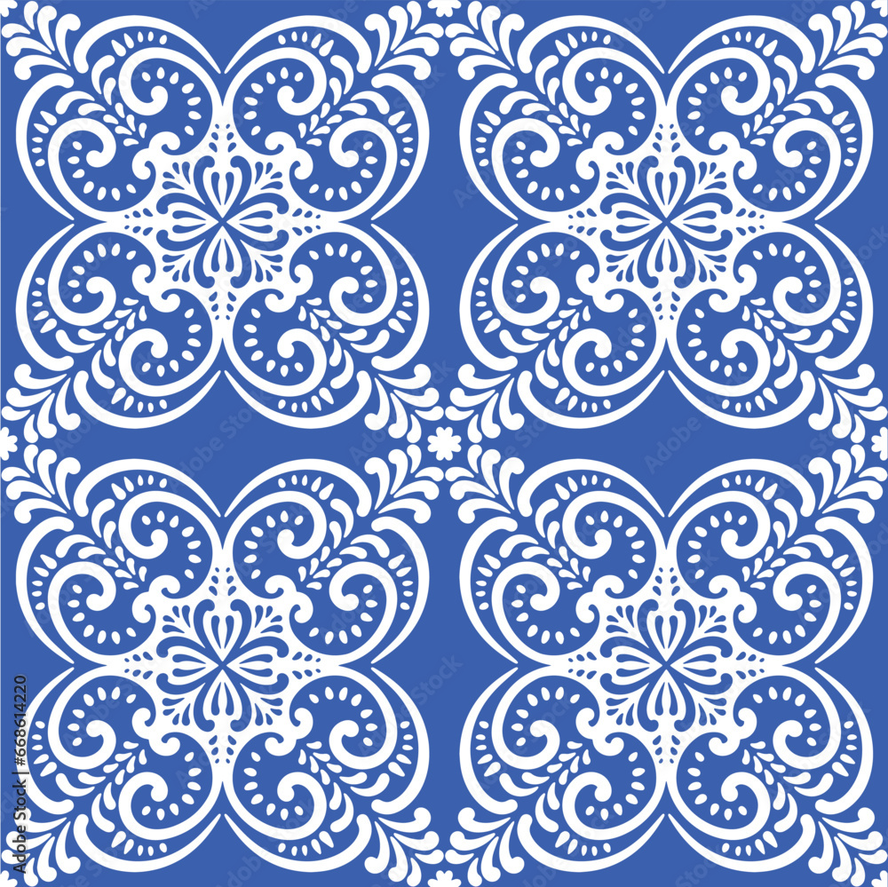 Obraz premium Pattern blue and white.Original traditional Portuguese and Spain decor.Seamless pattern tile with Victorian motives.Ceramic tile in talavera style. Ornamental blue and white patterns for any decor.