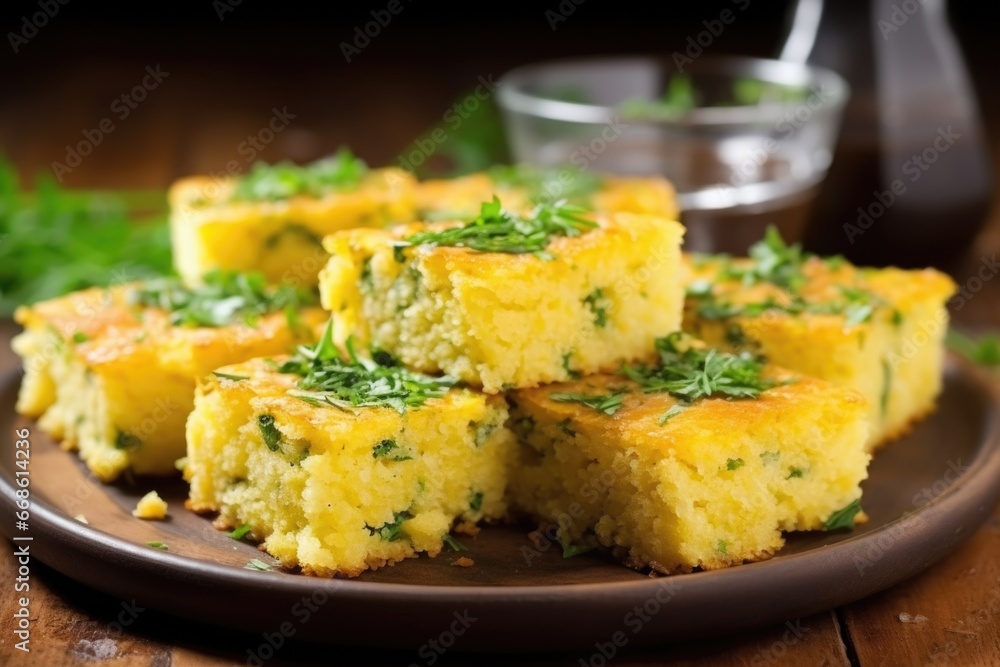 bbq cornbread slices with a sprig of parsley bbq cornbread slices with a sprig of parsley