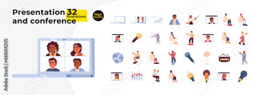 Presentation business cartoon flat illustration bundle. Conference speakers, presenters 2D characters isolated on white background. Microphone mic, teleconference vector color image collection