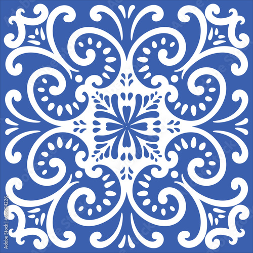 Pattern blue and white.Original traditional Portuguese and Spain decor.Seamless pattern tile with Victorian motives.Ceramic tile in talavera style. Ornamental blue and white patterns for any decor.