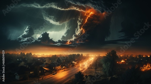 A powerful tornado in an open field. A unique moment of a natural phenomenon, the power of the elements. A whirlwind lifted into the dark sky, framed by clouds. A dramatic. Catastrophic event.