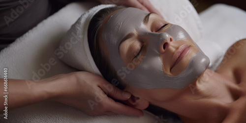 Lifestyle portrait of woman getting clay facial mask massage treatment at luxury spa photo