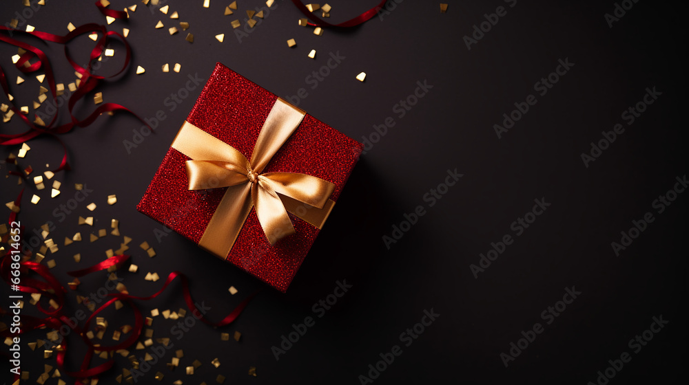 Flat lay gift box on dark background. Generative AI Flat lay gift box on dark background. Generative AI