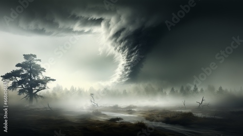 A powerful tornado in an open field. A unique moment of a natural phenomenon, the power of the elements. A whirlwind lifted into the dark sky, framed by clouds. A dramatic. Catastrophic event. photo