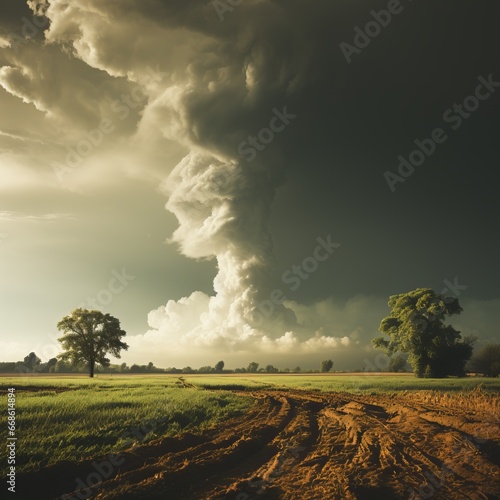 A powerful tornado in an open field. A unique moment of a natural phenomenon  the power of the elements. A whirlwind lifted into the dark sky  framed by clouds. A dramatic. Catastrophic event.