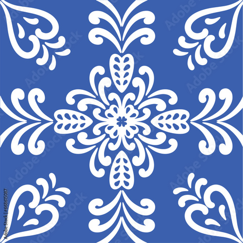 Pattern blue and white.Original traditional Portuguese and Spain decor.Seamless pattern tile with Victorian motives.Ceramic tile in talavera style. Ornamental blue and white patterns for any decor.