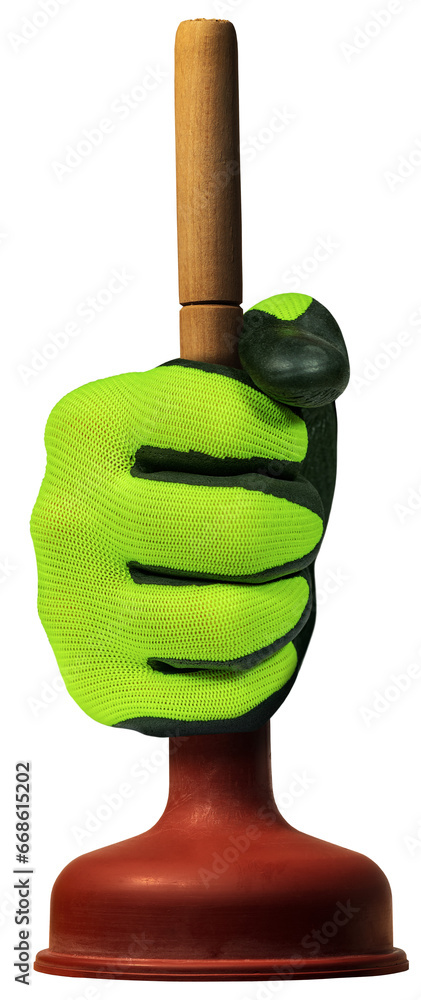Hand with green and black protective work glove, holding a red rubber plunger with wooden handle, isolated on white or transparent background. Png. Hand with green and black protective work glove, holding a red rubber plunger with wooden handle, isolated on white or transparent background. Png.