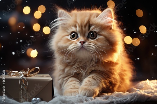 Cat celebrating winter holiday. Cartoon cat with Christmas gifts