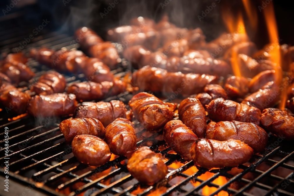 close-up of sizzling sausages on a bbq grill close-up of sizzling sausages on a bbq grill