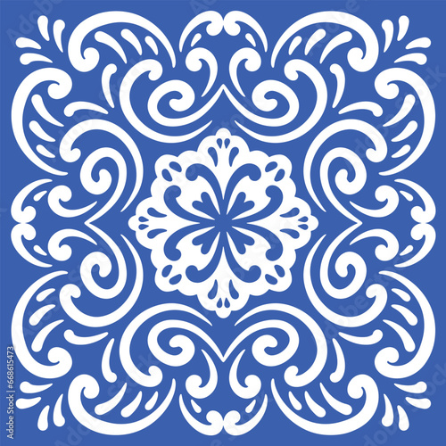 Pattern blue and white.Original traditional Portuguese and Spain decor.Seamless pattern tile with Victorian motives.Ceramic tile in talavera style. Ornamental blue and white patterns for any decor.