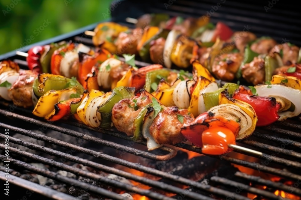 skewers with meatballs and mushrooms on a grill