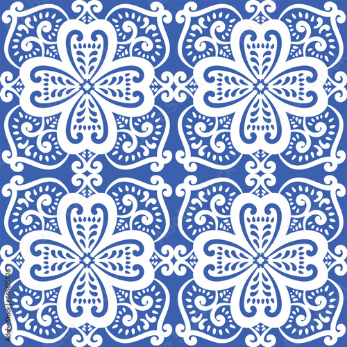 Pattern blue and white.Original traditional Portuguese and Spain decor.Seamless pattern tile with Victorian motives.Ceramic tile in talavera style. Ornamental blue and white patterns for any decor.