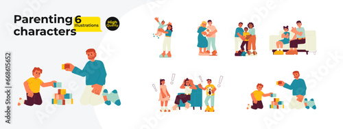 Children parenting cartoon flat illustration bundle. Multicultural family 2D characters isolated on white background. Parent teen. Motherhood parenthood challenges vector color image collection