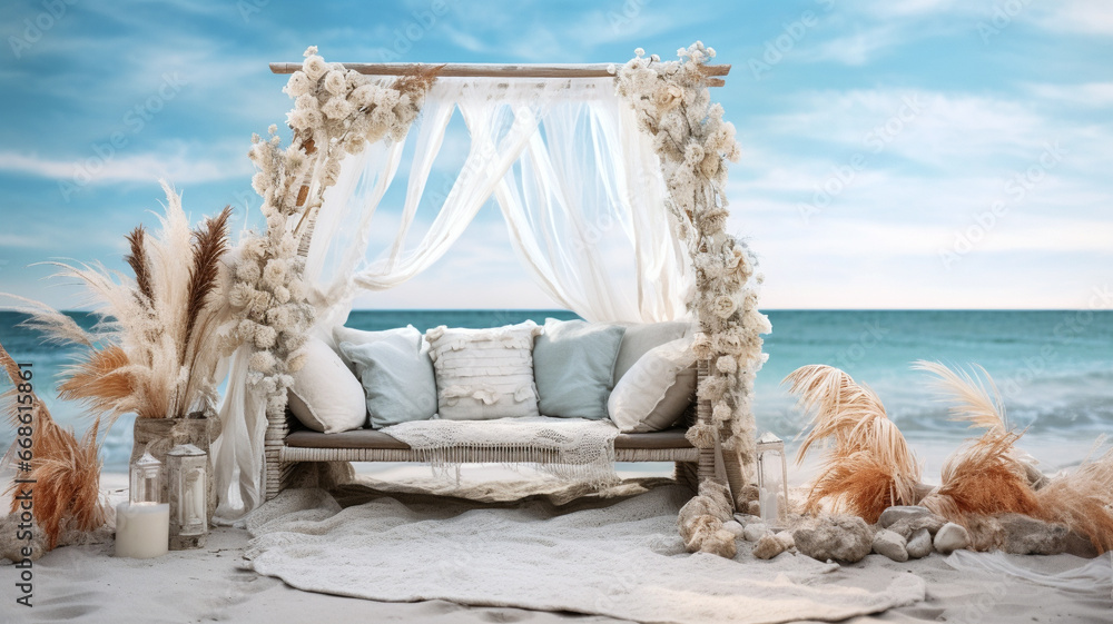 romantic wedding arch, beautifully decorated in a boho fashion near sea coast romantic wedding arch, beautifully decorated in a boho fashion near sea coast