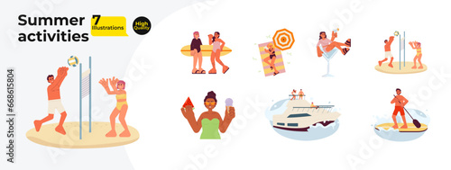 Summer beach activities cartoon flat illustration bundle. Summertime diverse people 2D characters isolated on white background. Volleyball players, watersport leisure vector color image collection