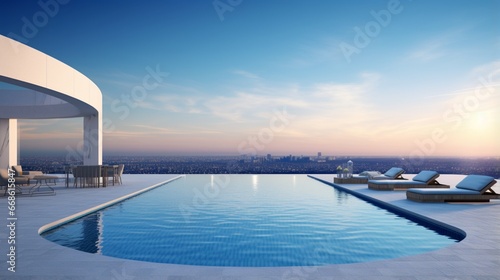 A rooftop pool with an infinity edge that seamlessly blends into the horizon. photo