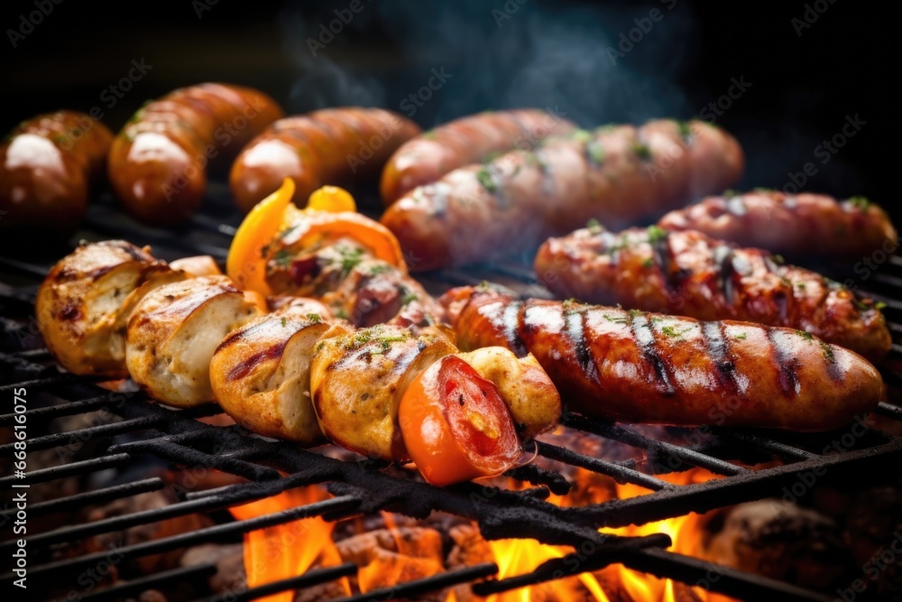 close-up of grilled sausages, smoke rising close-up of grilled sausages, smoke rising