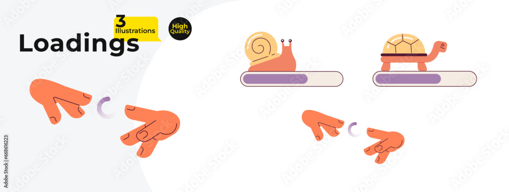 Snail turtle loading bars, spinner vector illustration bundle. Two hands reaching out. Web loaders ui ux. Please wait. Graphical user interface collection. Cartoon flat design on white background Snail turtle loading bars, spinner vector illustration bundle. Two hands reaching out. Web loaders ui ux. Please wait. Graphical user interface collection. Cartoon flat design on white background