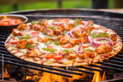 bbq pizza with smoke wafting from the grill