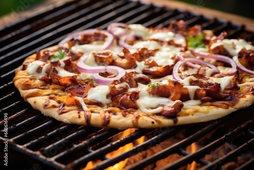 bbq pizza with melting mozzarella on a grill