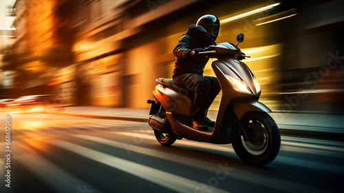 Scooter motorcycle biker rider on blurred motion city street © BeautyStock