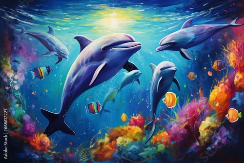 Dolphin Pod in Vibrant Underwater World