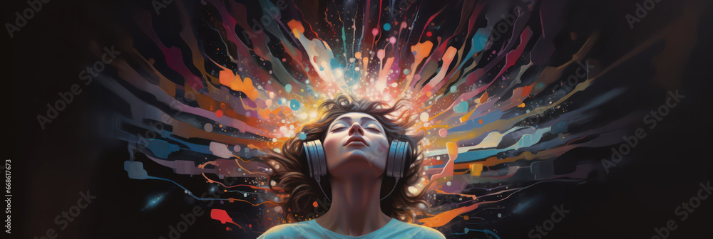 a person with headphones and colour explosion in the background. - obrazy, fototapety, plakaty 