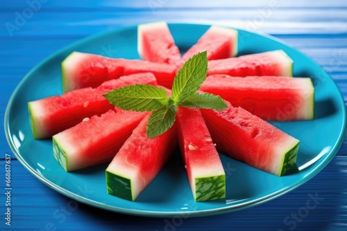 watermelon slices with mint leaves on a blue platter