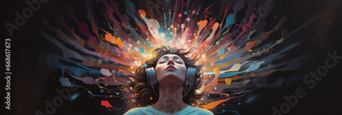 a person with headphones and colour explosion in the background. photo