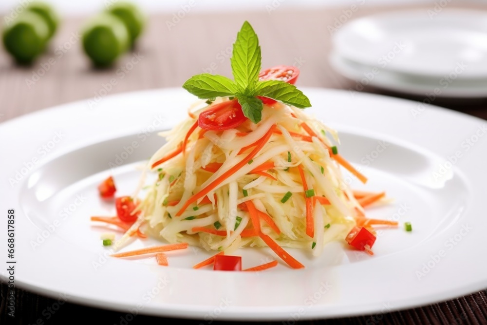 a close view of fresh coleslaw on a white plate a close view of fresh coleslaw on a white plate