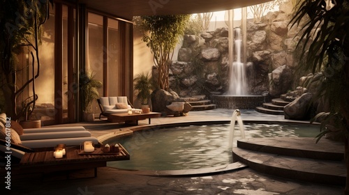 A serene outdoor spa with hot and cold plunge pools and aromatic steam rooms.