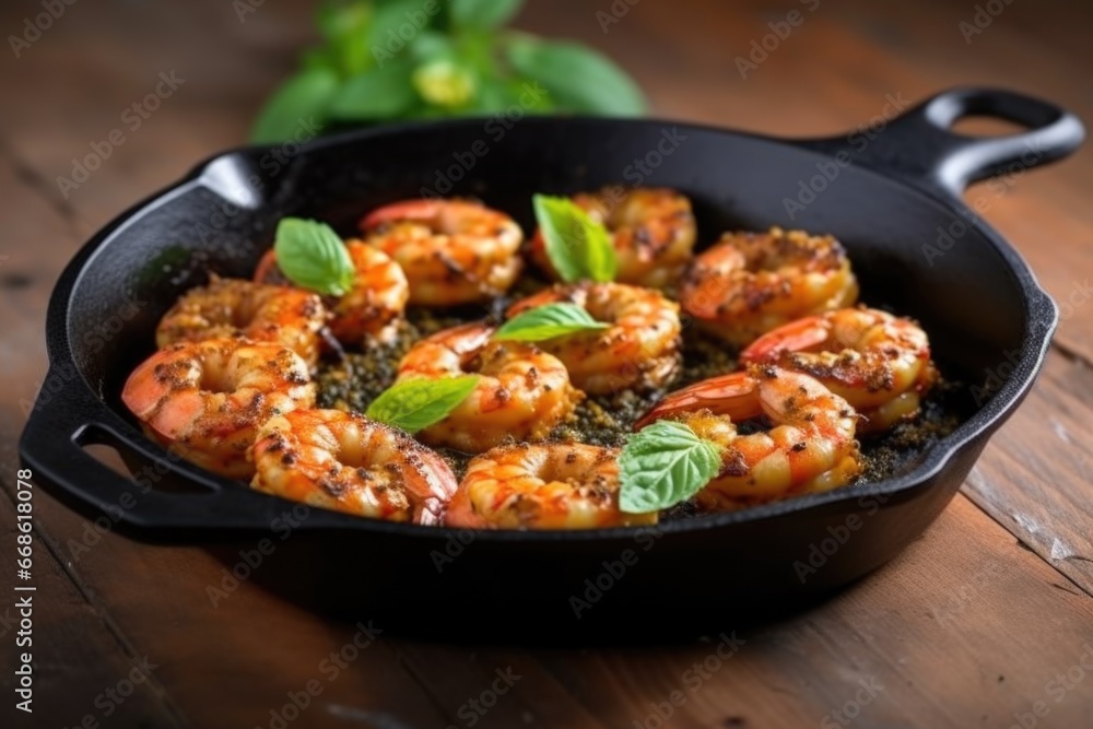 skewered bbq spiced shrimp in a cast iron pan