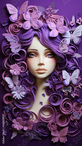 a mannequin with purple hair and butterflies