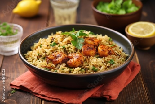 bbq spiced shrimps served with brown rice in a bowl