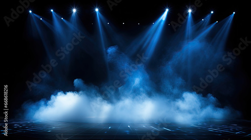 Stage and blue and orange smoke night lightning in fog searchlight beams. Generative AI