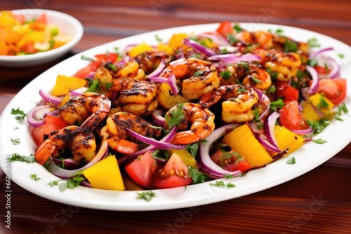 bbq spiced shrimp atop colorful vegetable salad